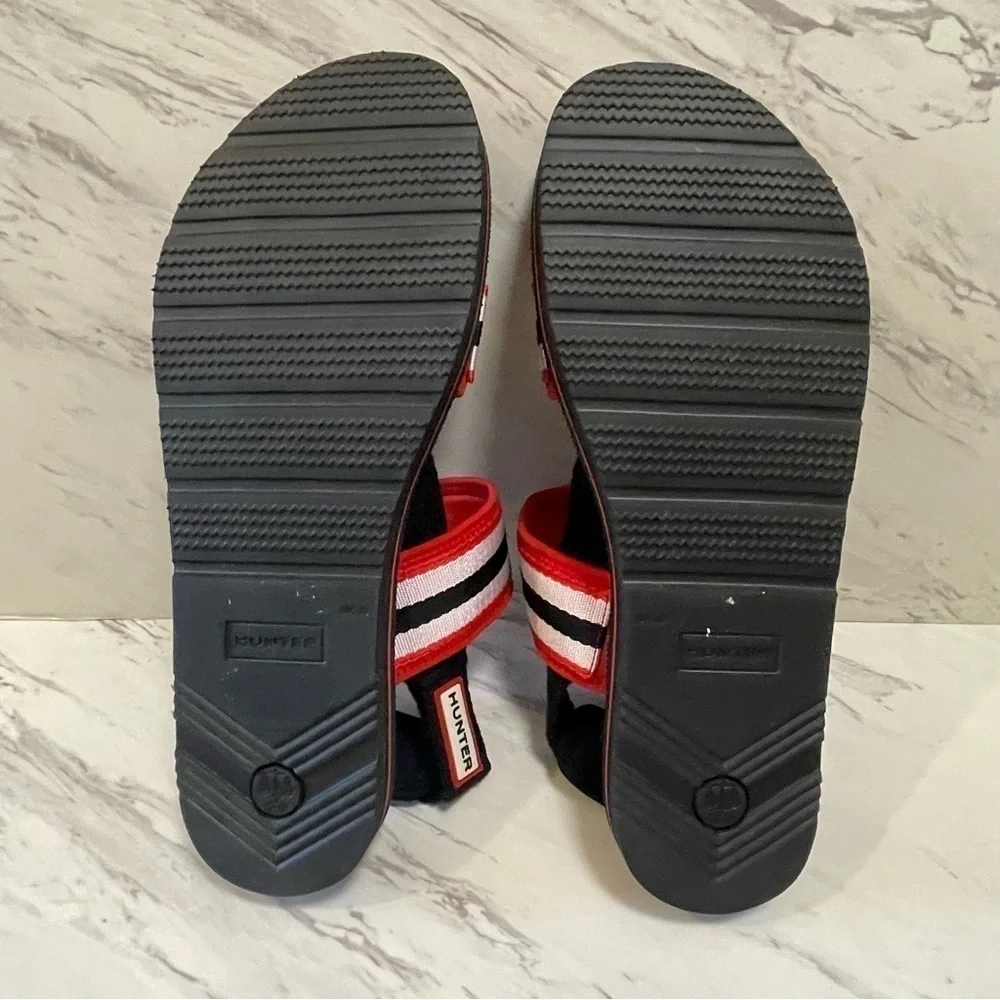 Hunter Original Beach Sandal Strap Hook Loop Red Black White Stripe Sz UK 10